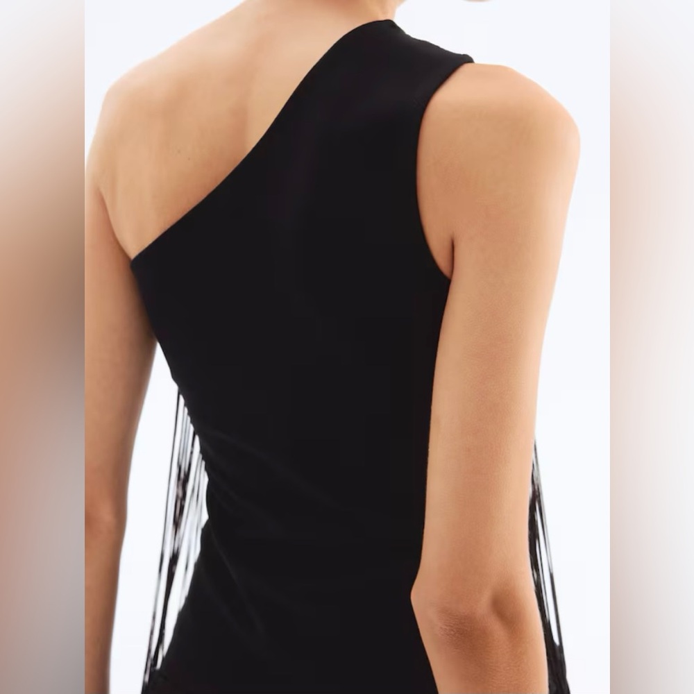 H&M Black One-Shoulder Front Fringe Top - Size S - NEW - Picture 4 of 10